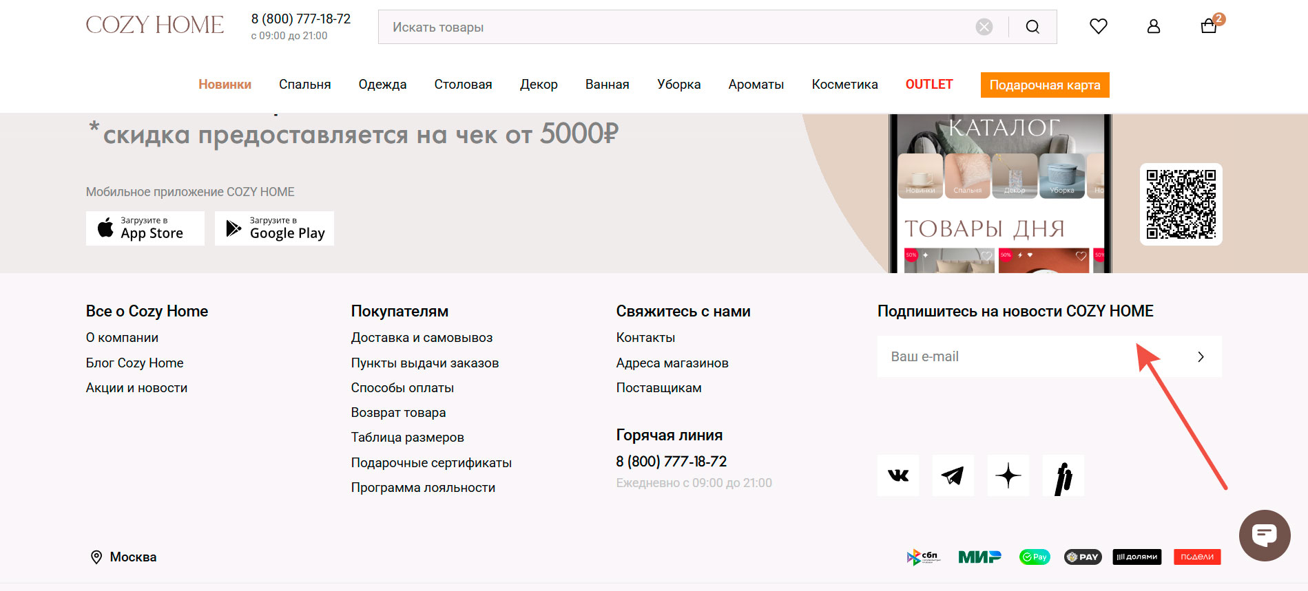 Подписка на рассылку Коузи Хоум