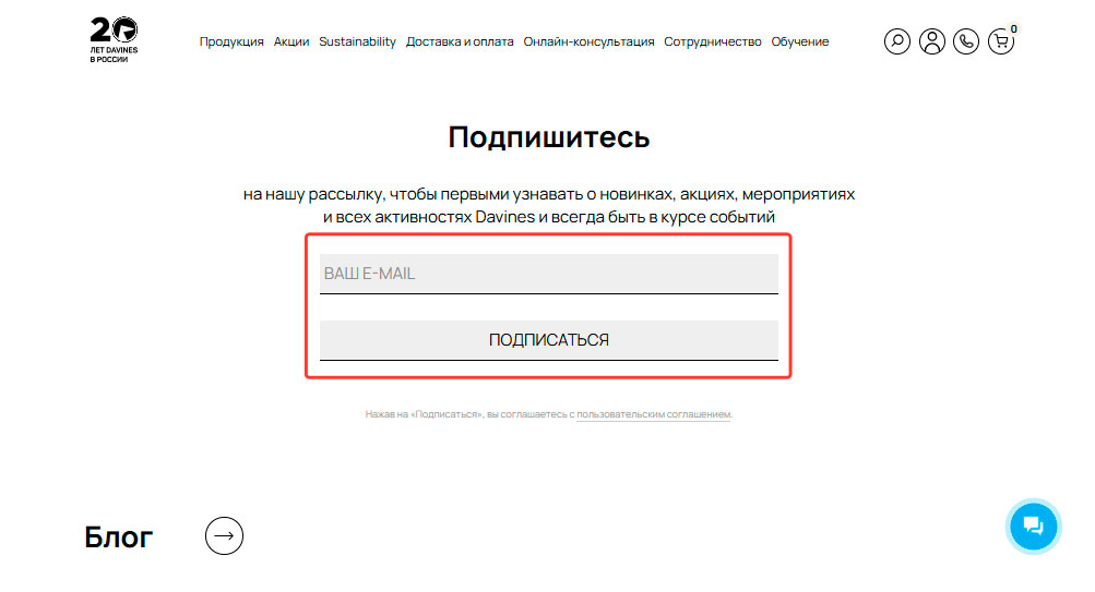 Подписка на имейл рассылку Давинес