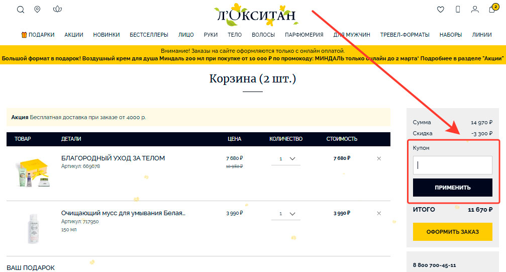 Где вводить промокод Локситан