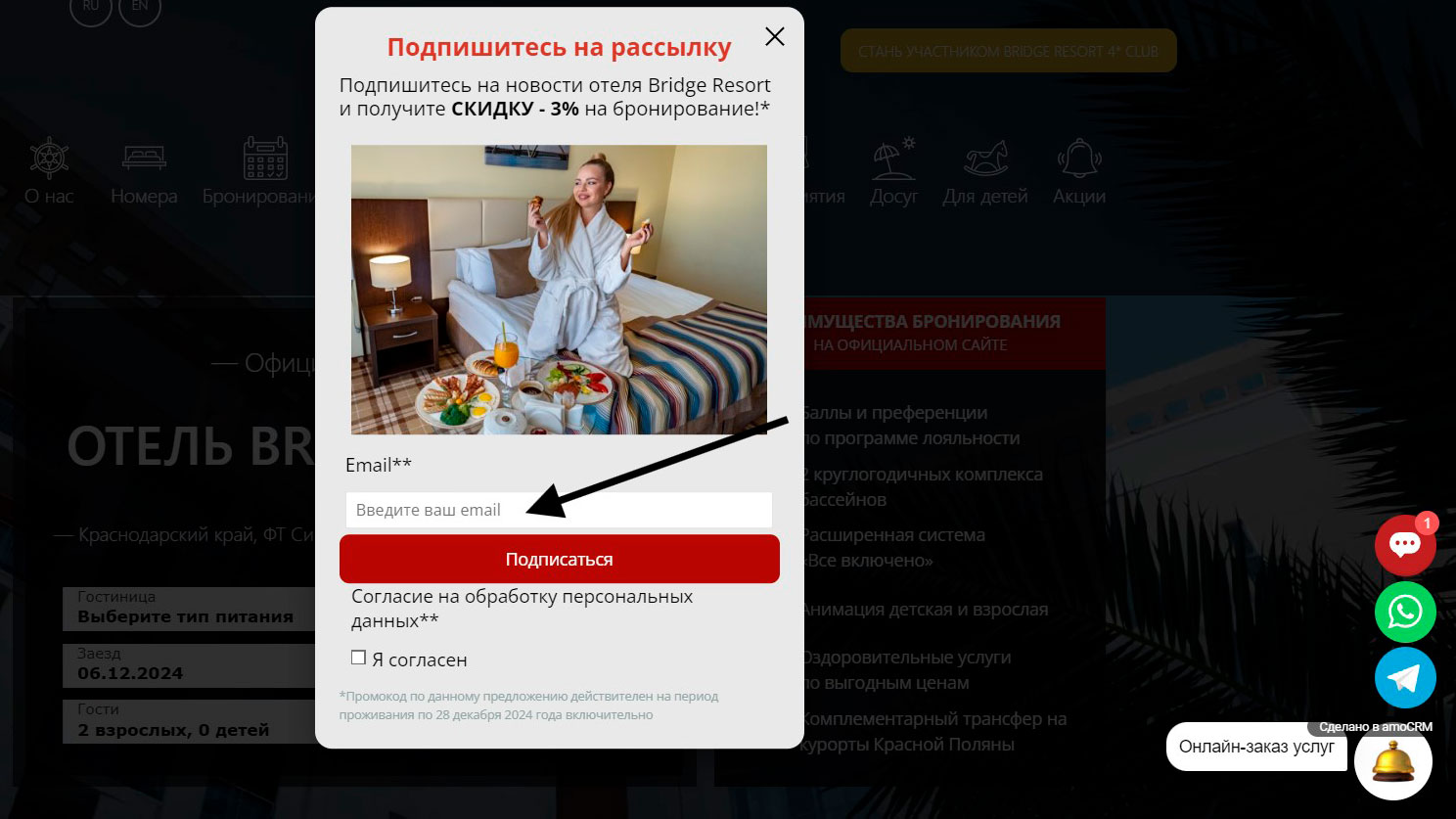 Подписка на email рассылку Bridge Resort