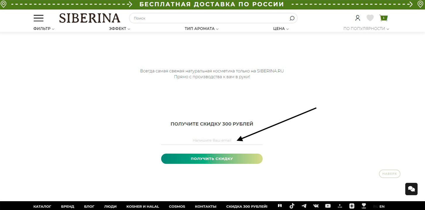 Скидка за подписку на email рассылку Siberina.ru