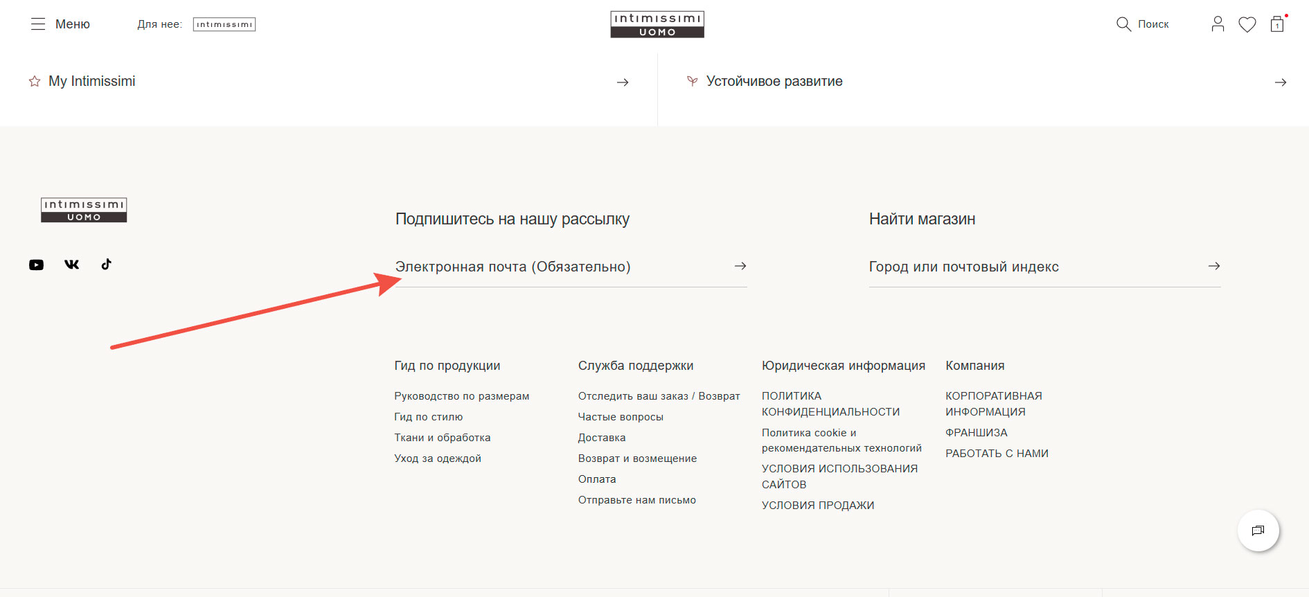 Подписка на рассылку Интимиссими